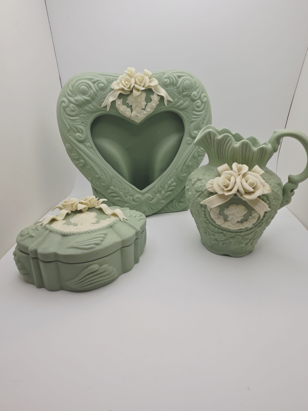 3pc Vintage Style Green Jasperware Cameo Vanity Set Frame Pitcher Trinket Box